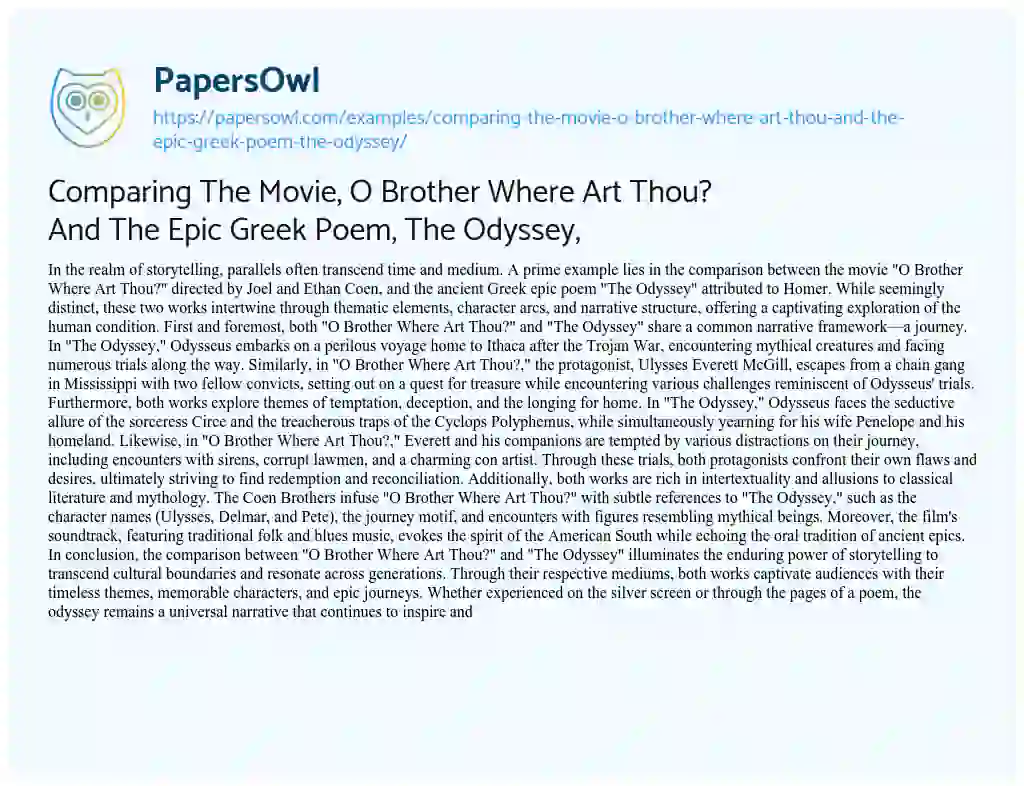 Essay on Comparing the Movie, O Brother where Art Thou? and the Epic Greek Poem, the Odyssey,