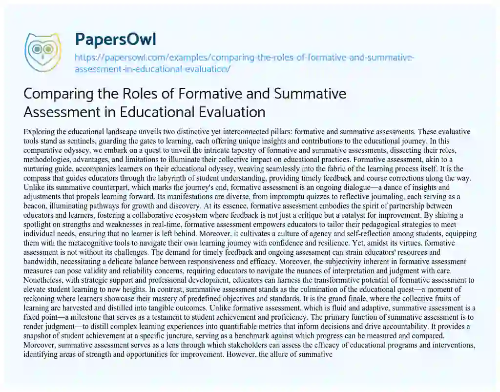 Essay on Comparing the Roles of Formative and Summative Assessment in Educational Evaluation