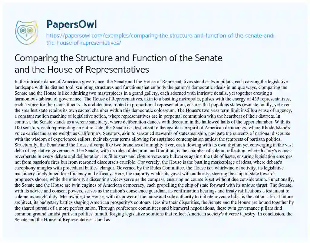 Essay on Comparing the Structure and Function of the Senate and the House of Representatives