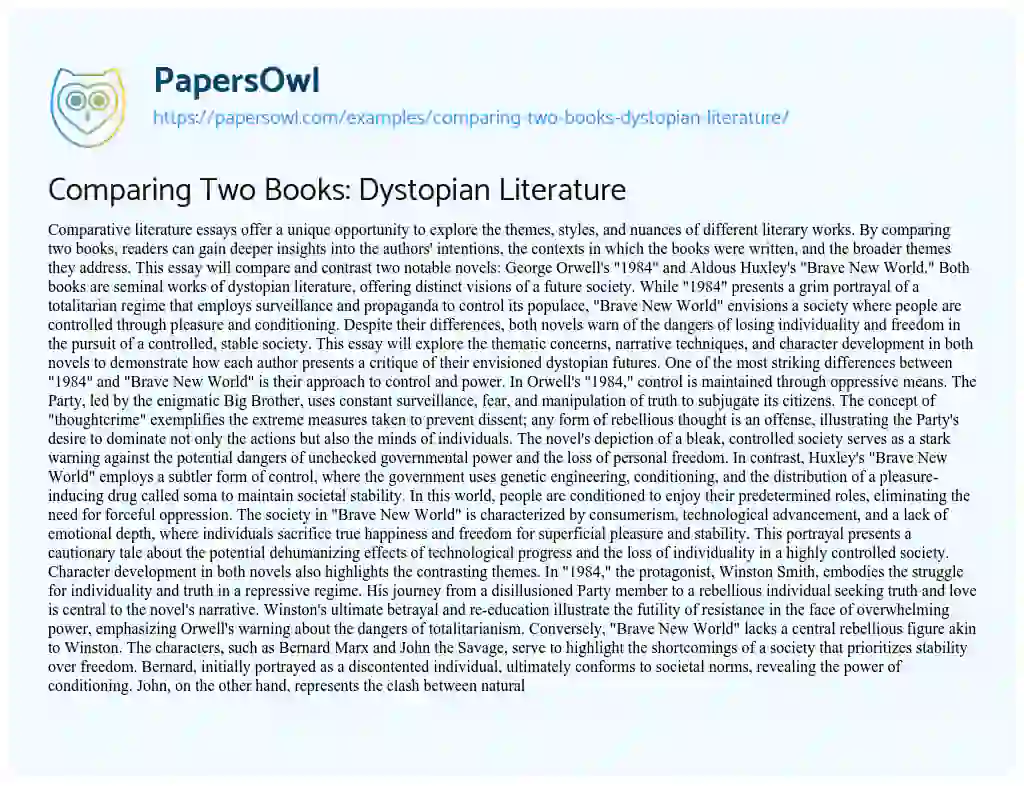 Essay on Comparing Two Books: Dystopian Literature