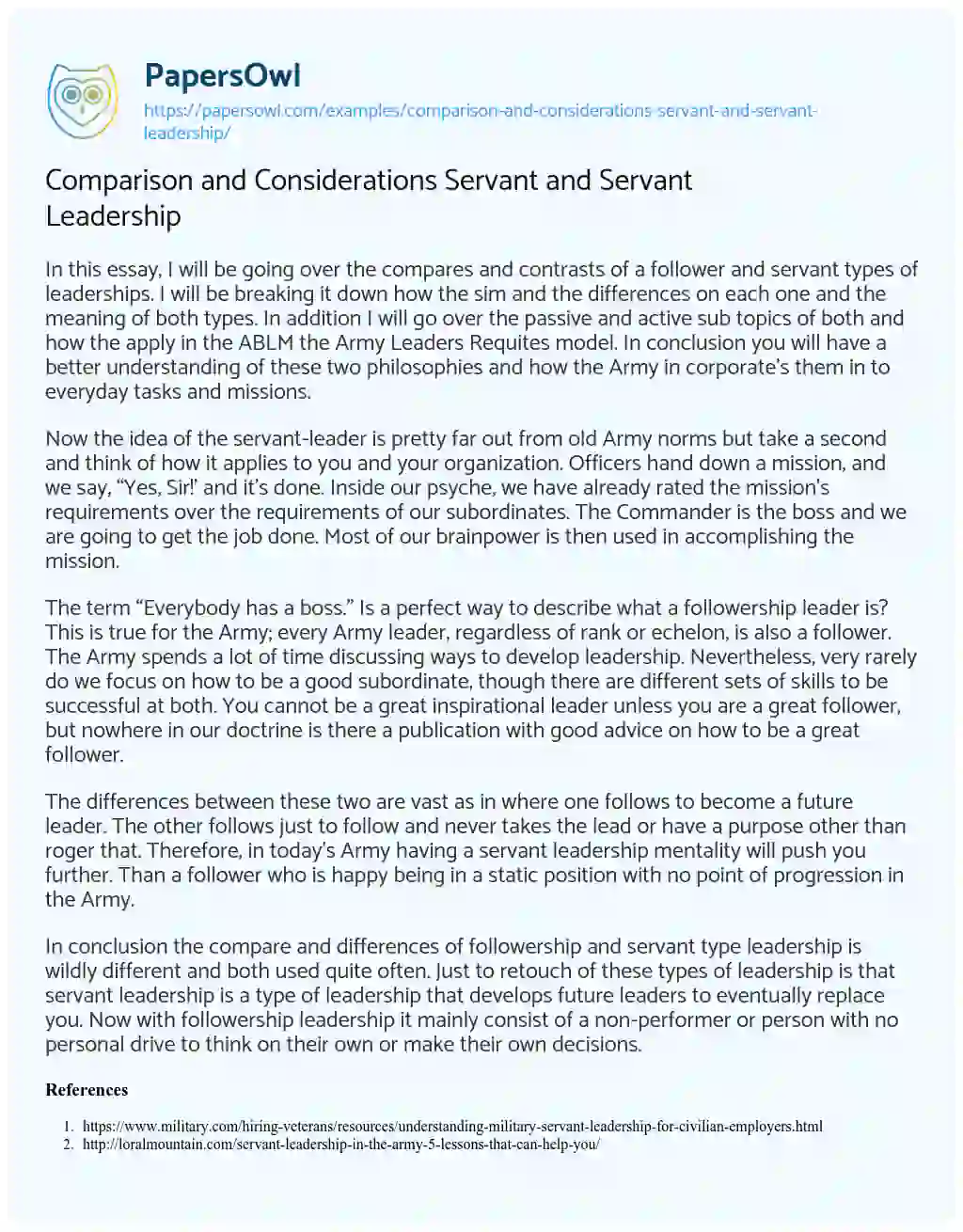 Essay on Comparison and Considerations Servant and Servant Leadership