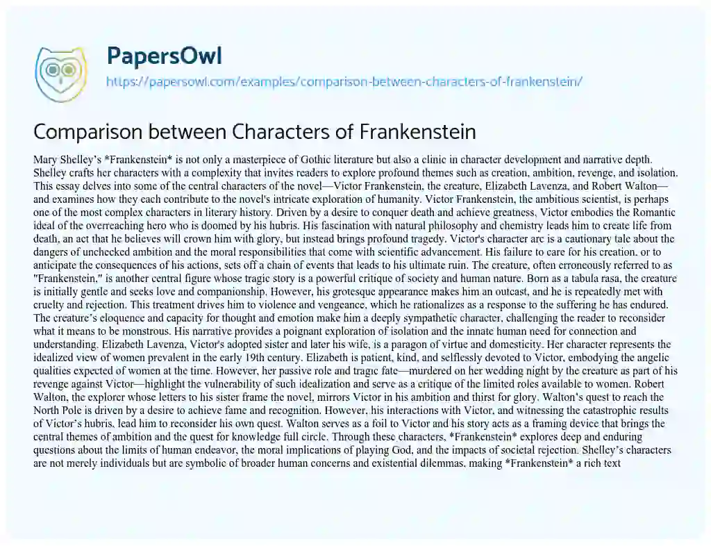 Essay on Comparison between Characters of Frankenstein