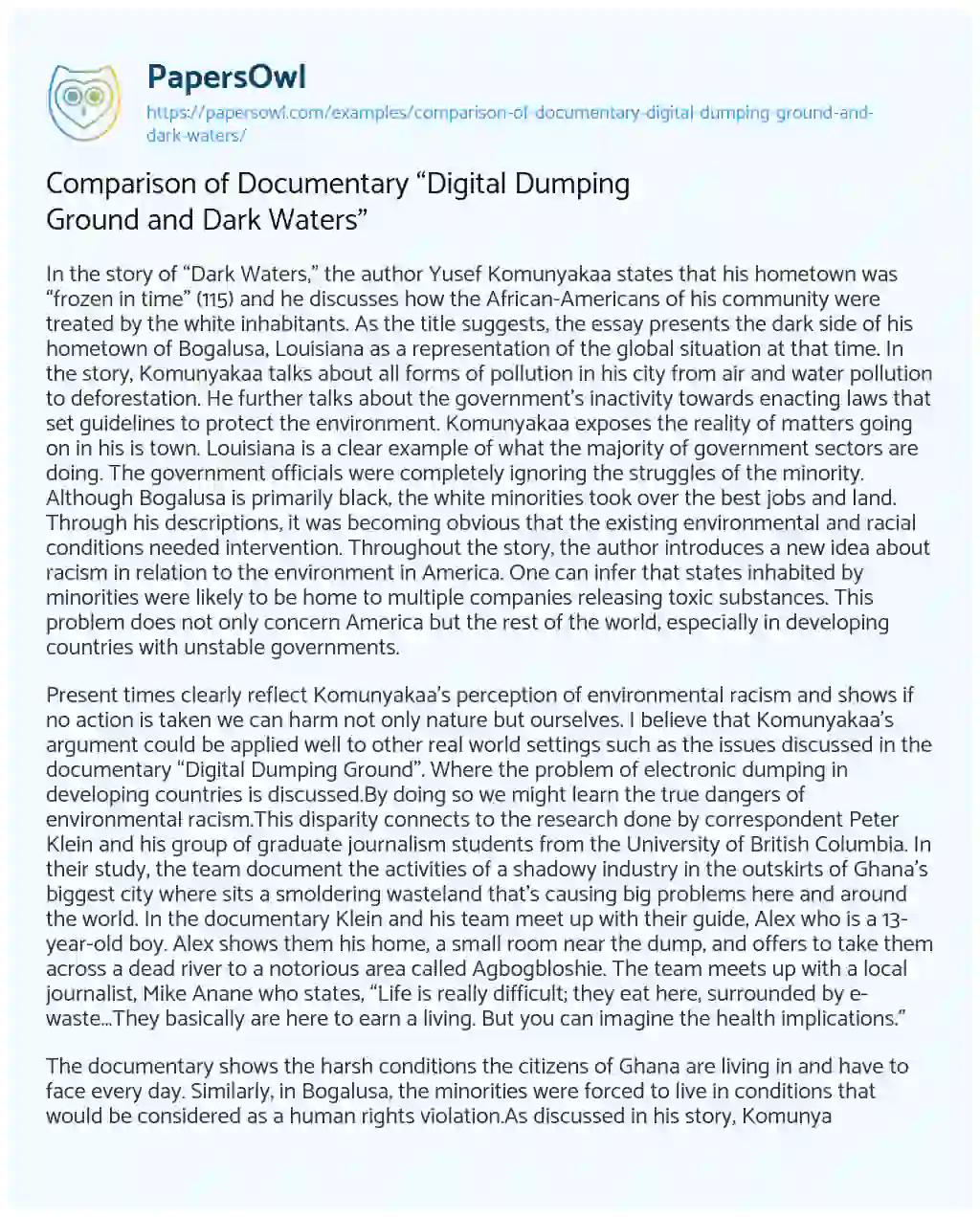 Essay on Comparison of Documentary “Digital Dumping Ground and Dark Waters”