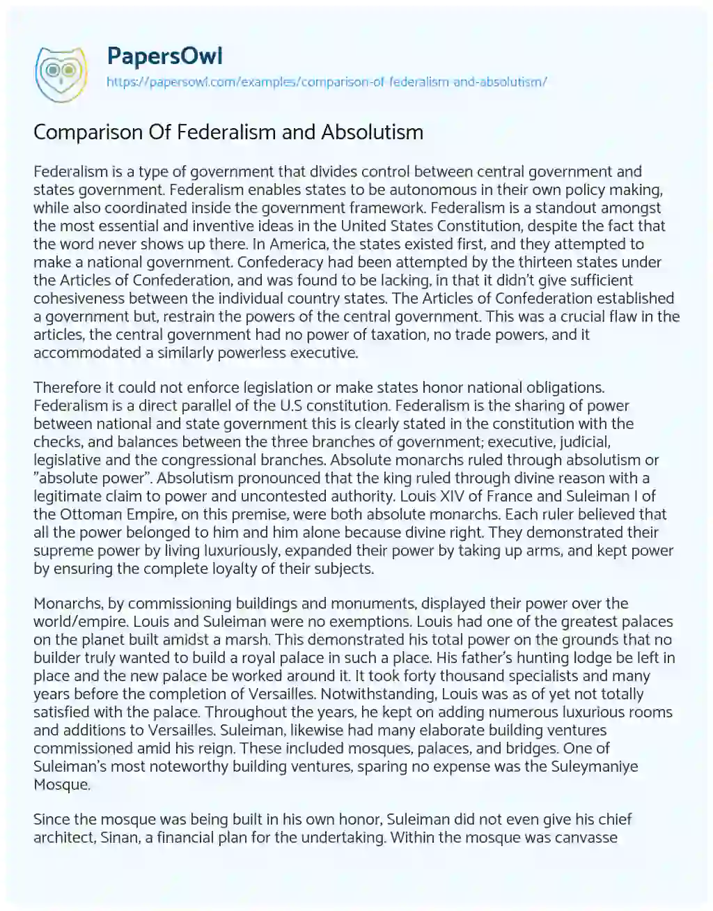 Essay on Comparison of Federalism and Absolutism