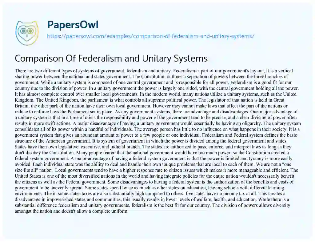 Comparison of Federalism and Unitary Systems essay