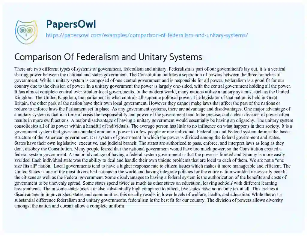 Essay on Comparison of Federalism and Unitary Systems