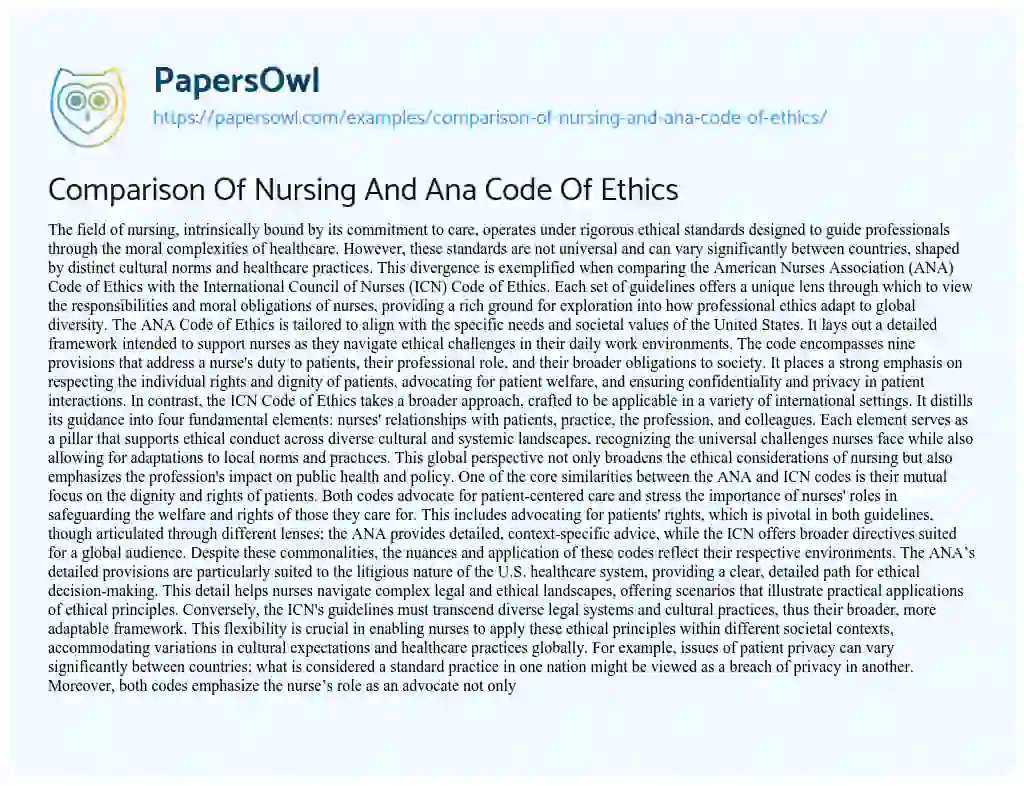 Essay on Comparison of Nursing and Ana Code of Ethics