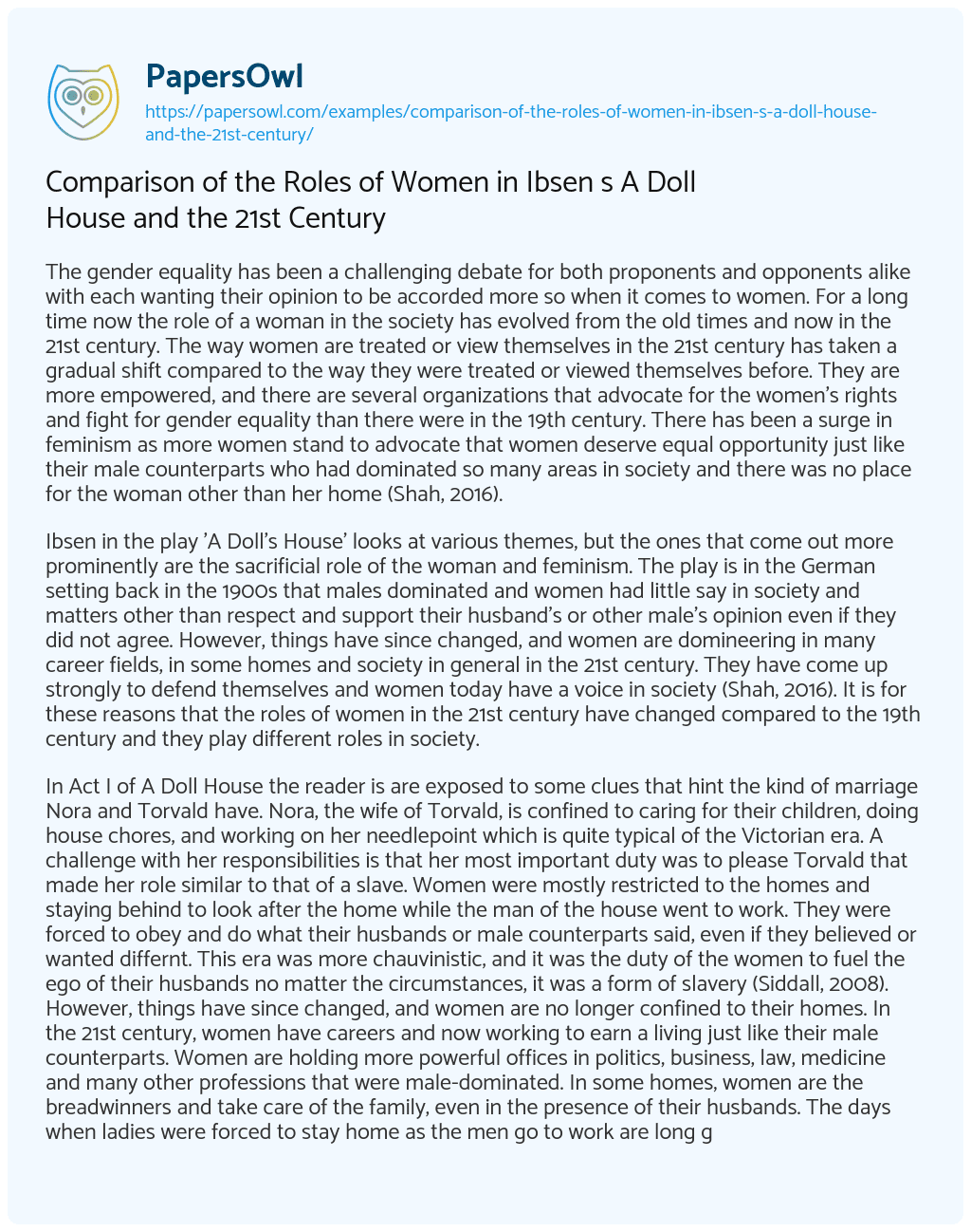 Essay on Comparison of the Roles of Women in Ibsen S a Doll House and the 21st Century