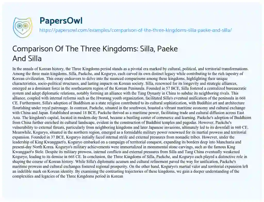 Essay on Comparison of the Three Kingdoms: Silla, Paeke and Silla