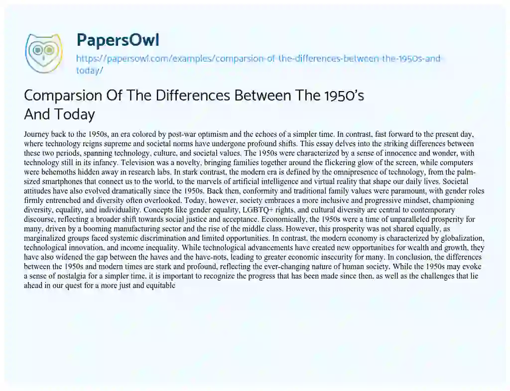 Essay on Comparsion of the Differences between the 1950’s and Today