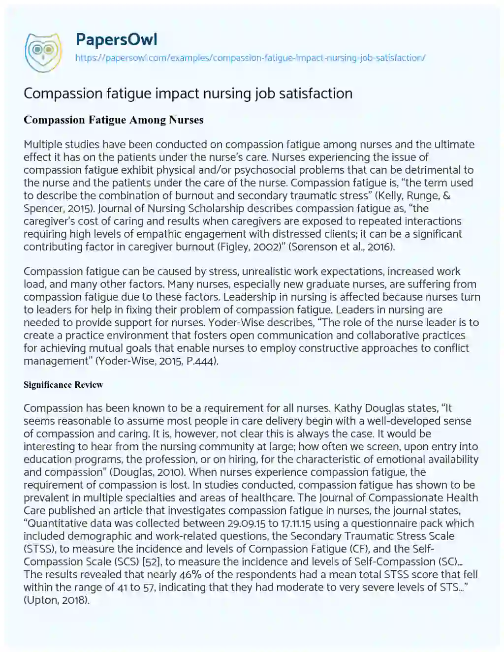 Essay on Compassion Fatigue Impact Nursing Job Satisfaction