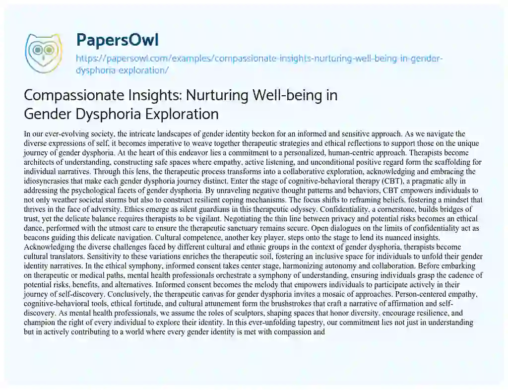 Essay on Compassionate Insights: Nurturing Well-being in Gender Dysphoria Exploration