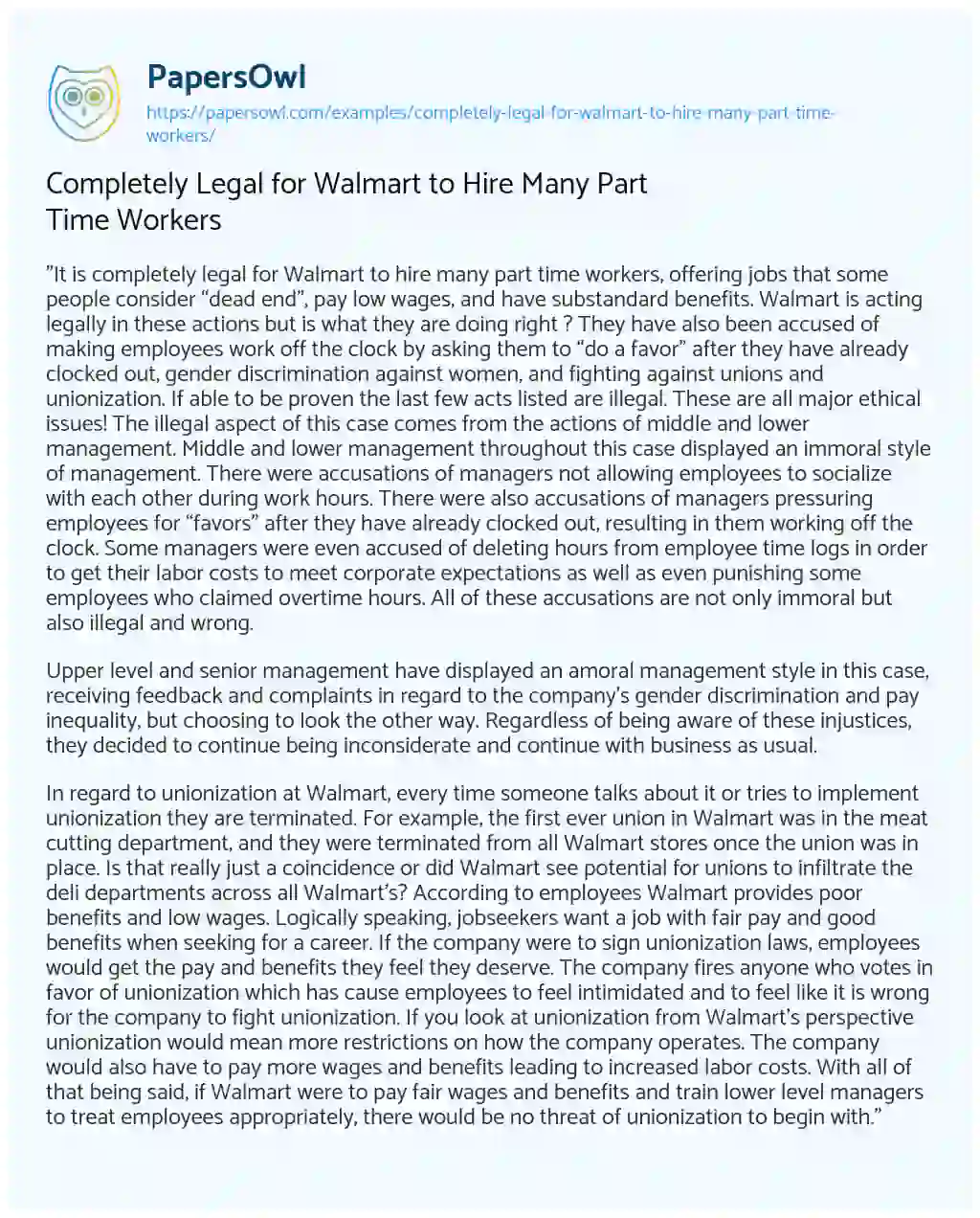 Completely Legal for Walmart to Hire Many Part Time Workers essay