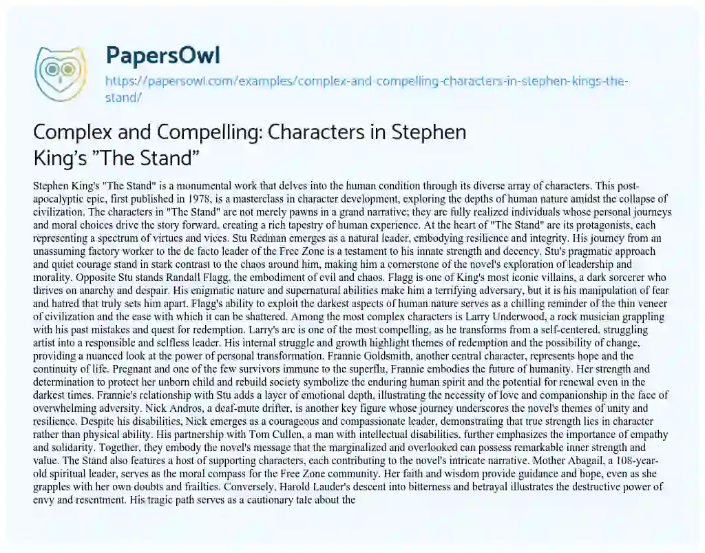 Essay on Complex and Compelling: Characters in Stephen King’s “The Stand”