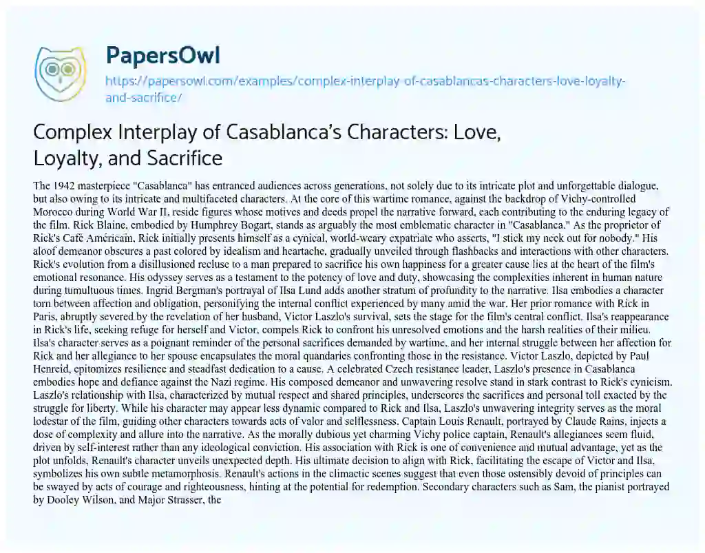 Essay on Complex Interplay of Casablanca’s Characters: Love, Loyalty, and Sacrifice