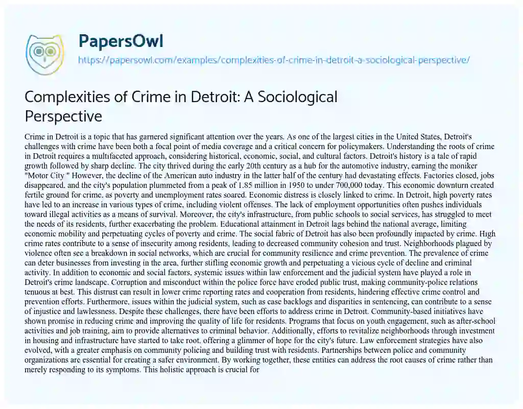 Essay on Complexities of Crime in Detroit: a Sociological Perspective