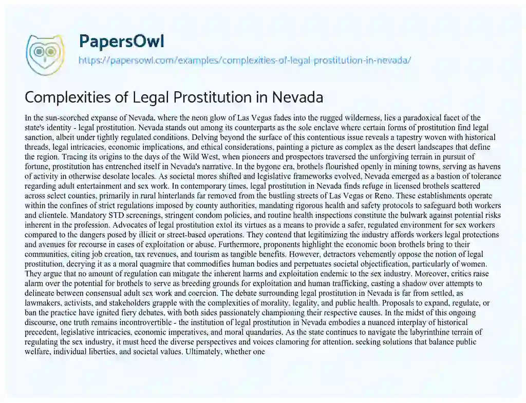 Essay on Complexities of Legal Prostitution in Nevada