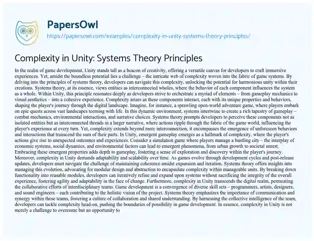 Essay on Complexity in Unity: Systems Theory Principles