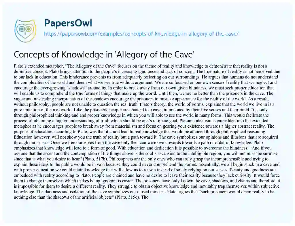 Essay on Concepts of Knowledge in ‘Allegory of the Cave’