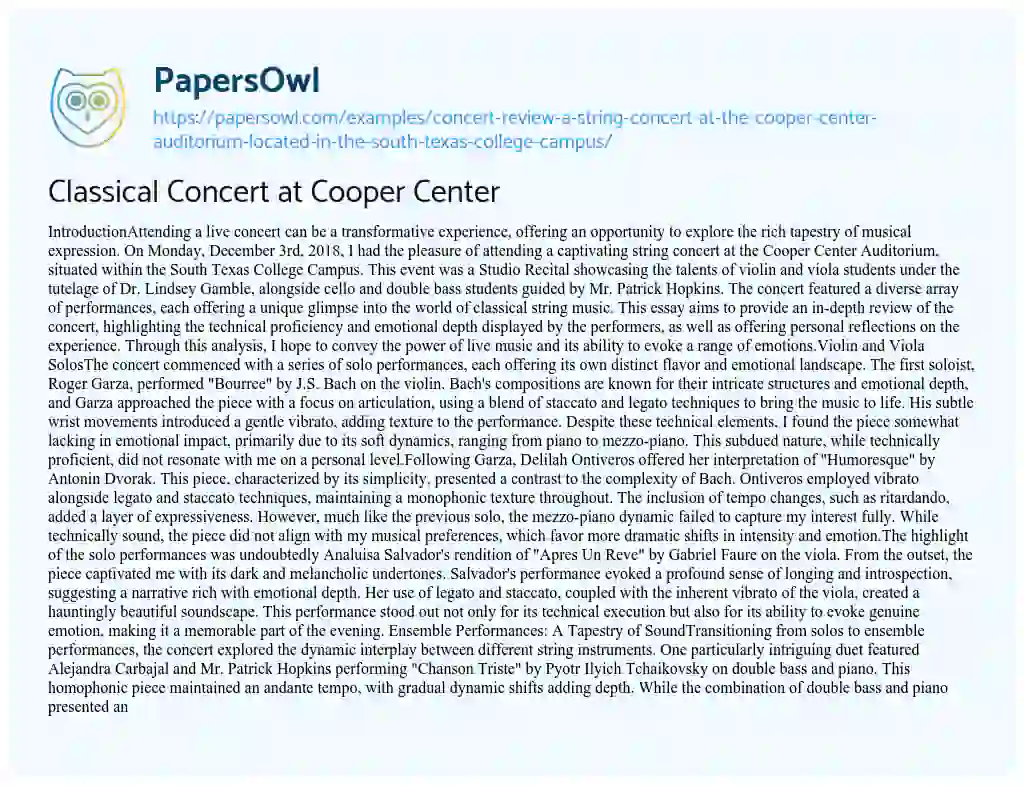 Essay on Concert Review: a String Concert at the Cooper Center Auditorium Located in the South Texas College Campus