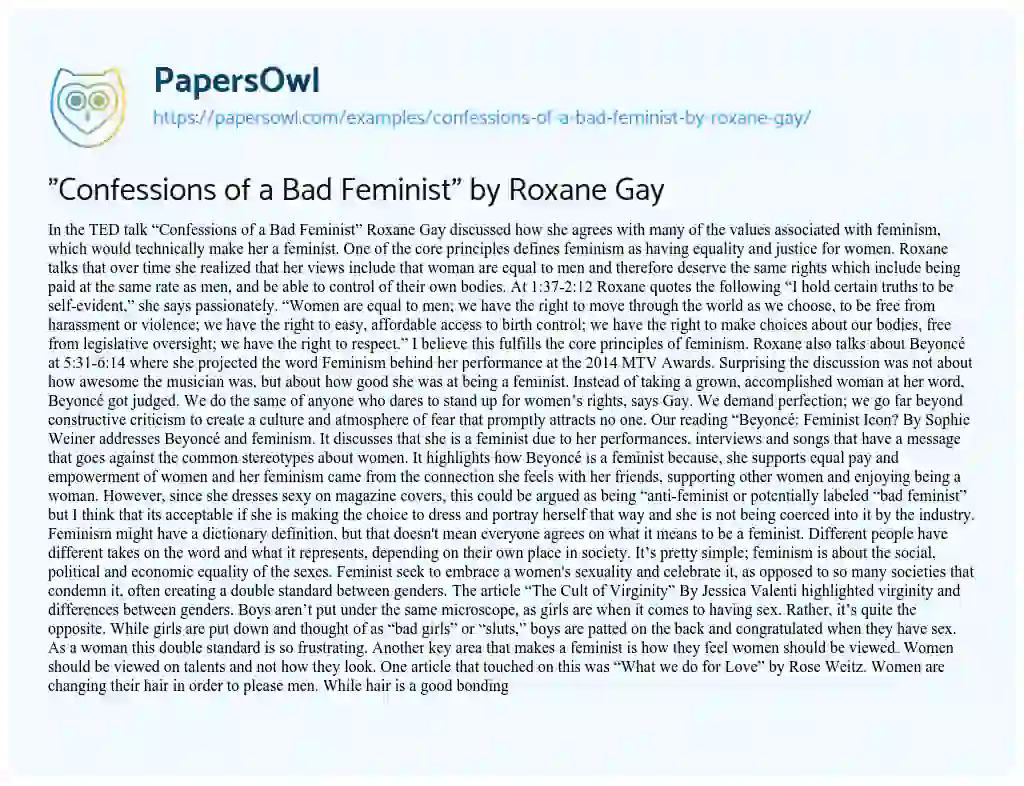 Essay on “Confessions of a Bad Feminist” by Roxane Gay