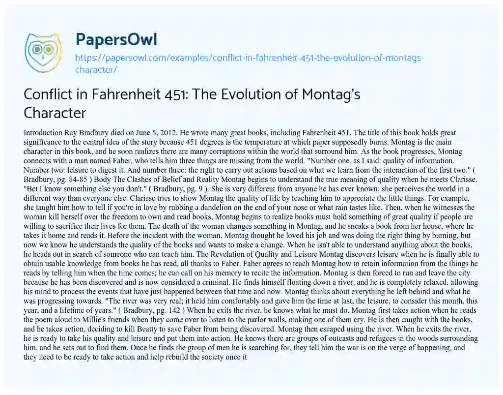 Essay on Conflict in Fahrenheit 451: the Evolution of Montag’s Character