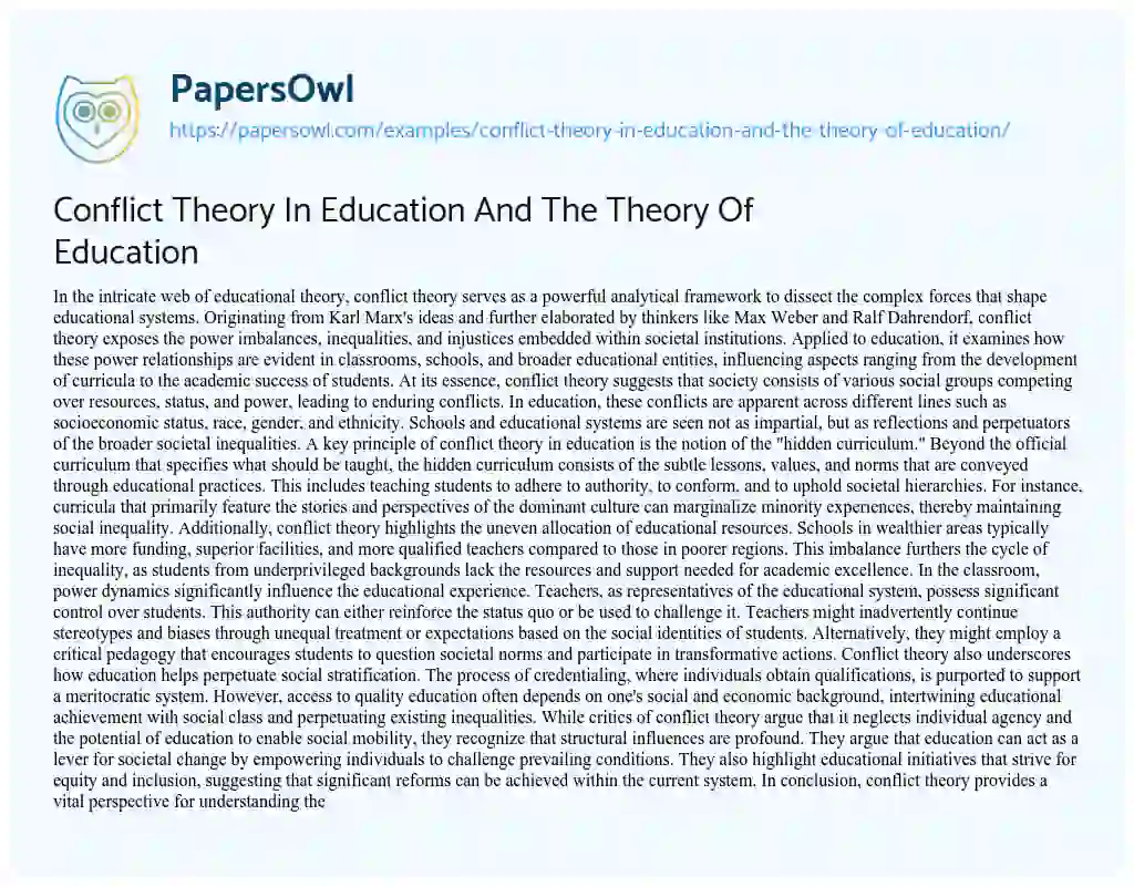 Essay on Conflict Theory in Education and the Theory of Education