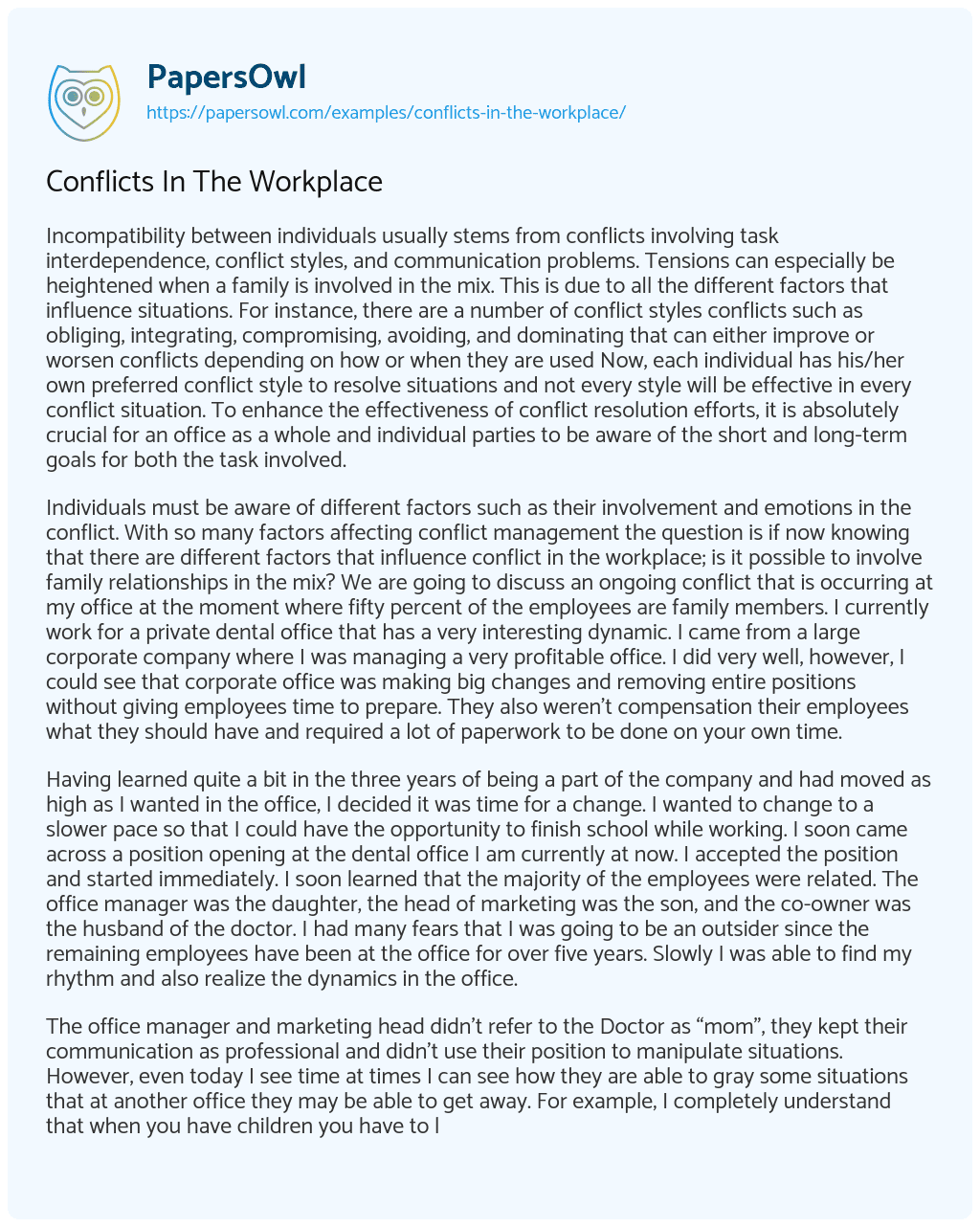 Conflicts in the Workplace Conflicts in the Workplace essay