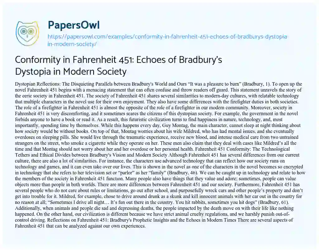 Essay on Conformity in Fahrenheit 451: Echoes of Bradbury’s Dystopia in Modern Society