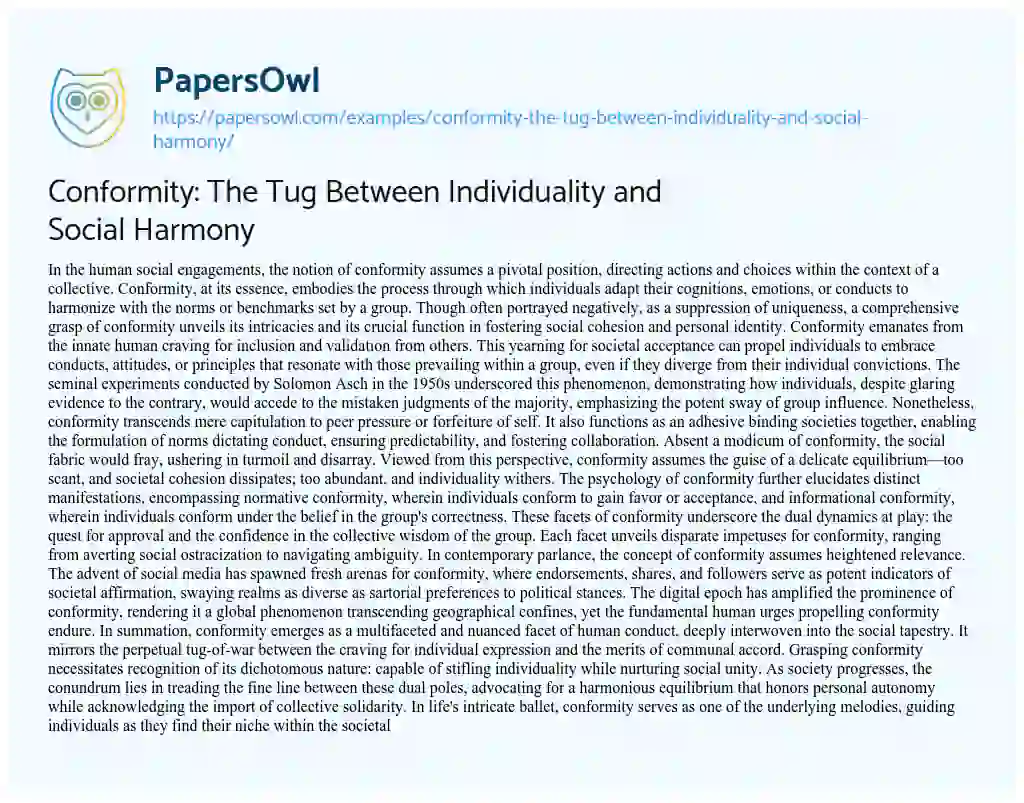 Essay on Conformity: the Tug between Individuality and Social Harmony