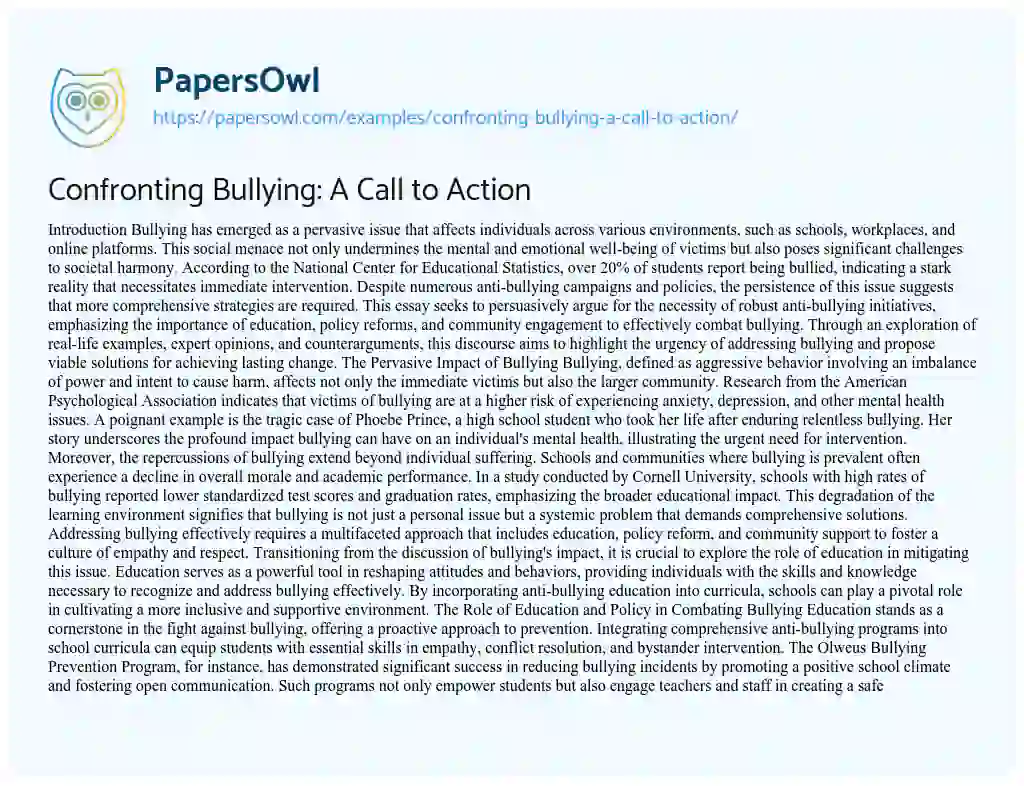 Essay on Confronting Bullying: A Call to Action
