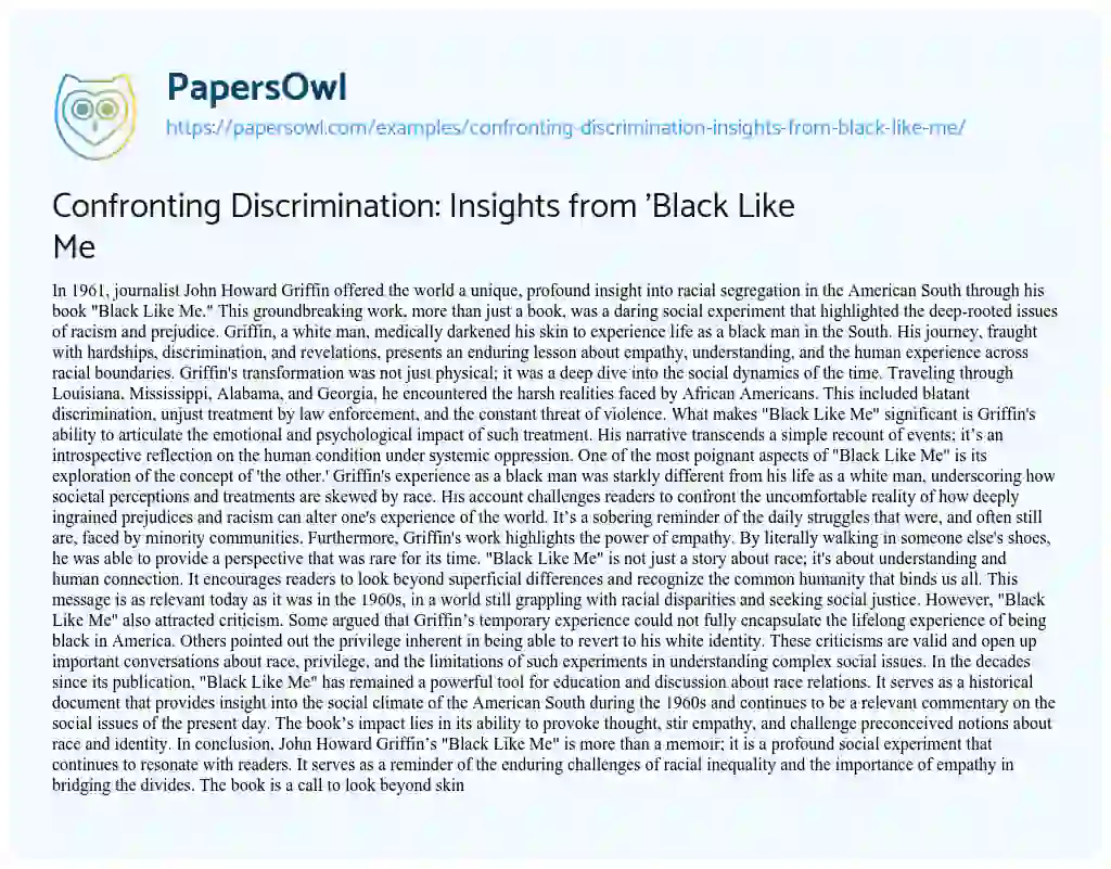 Essay on Confronting Discrimination: Insights from ‘Black Like me
