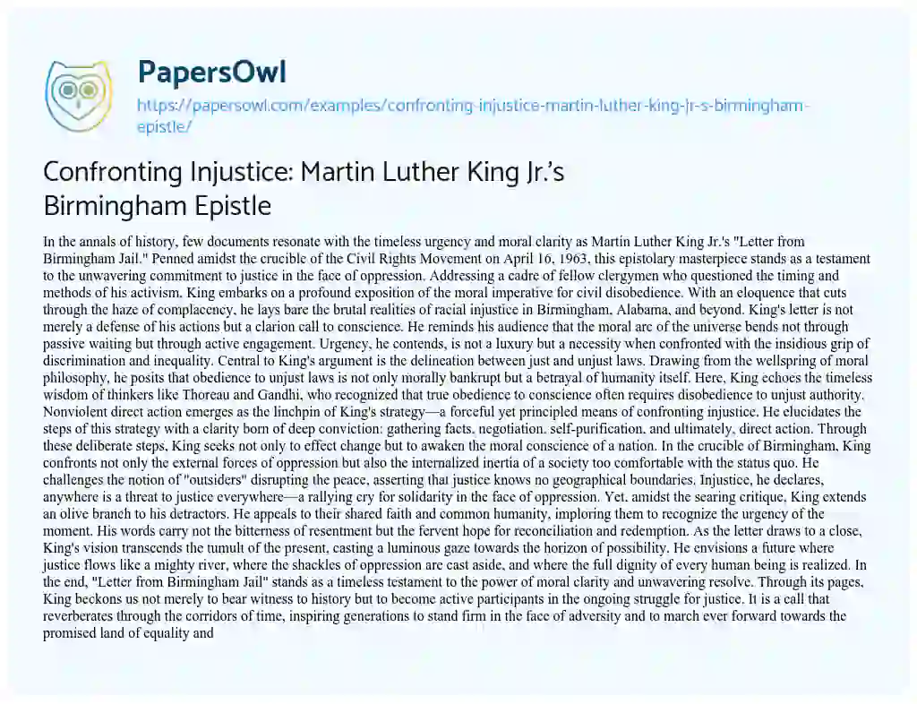 Essay on Confronting Injustice: Martin Luther King Jr.’s Birmingham Epistle