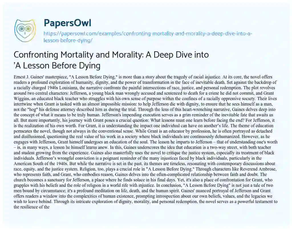 Essay on Confronting Mortality and Morality: a Deep Dive into ‘A Lesson before Dying