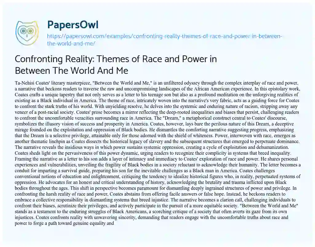 Essay on Confronting Reality: Themes of Race and Power in between the World and me