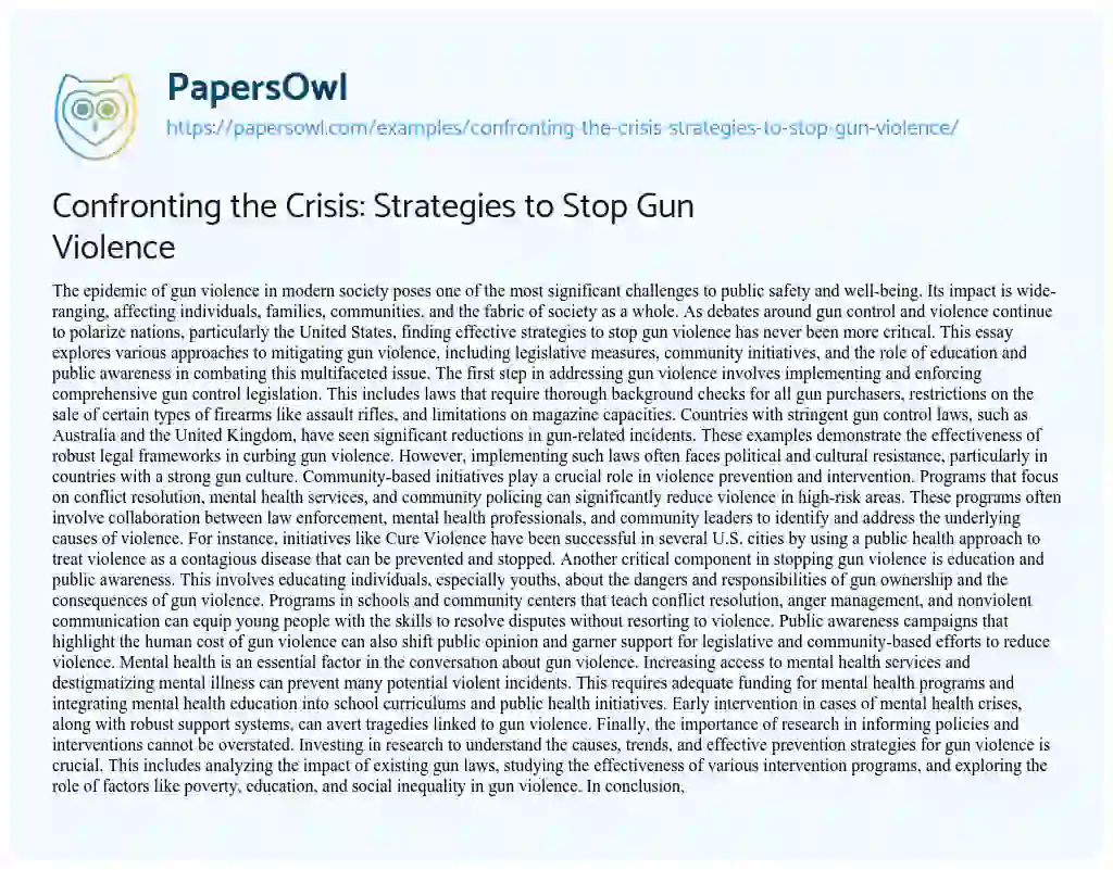 Essay on Confronting the Crisis: Strategies to Stop Gun Violence