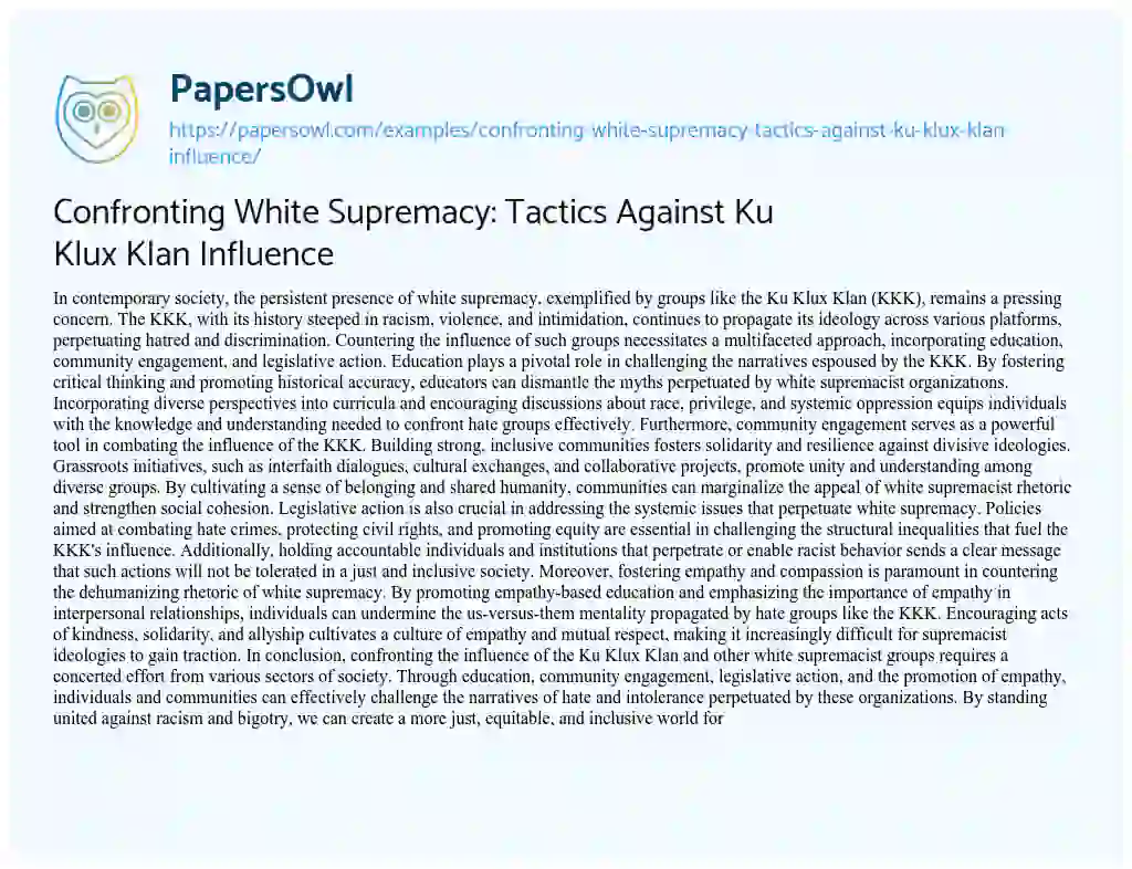 Essay on Confronting White Supremacy: Tactics against Ku Klux Klan Influence