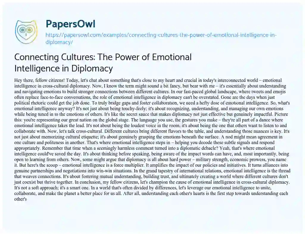 Essay on Connecting Cultures: the Power of Emotional Intelligence in Diplomacy