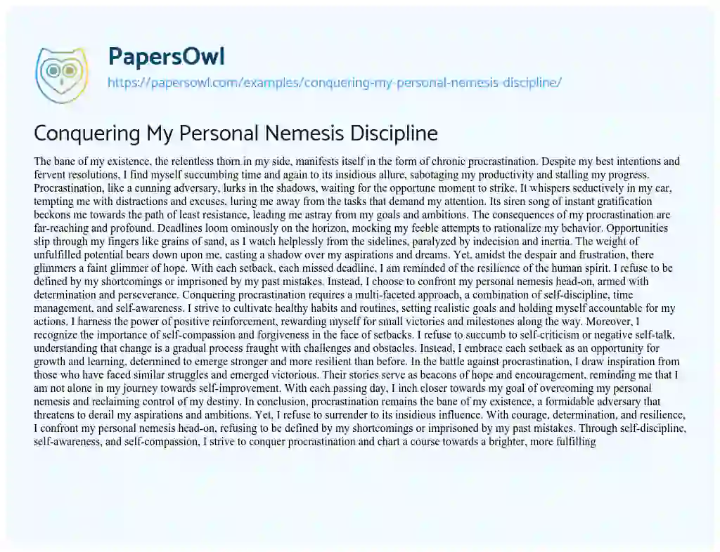 Essay on Conquering my Personal Nemesis Discipline