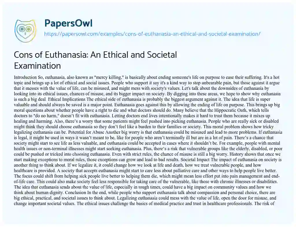 Essay on Cons of Euthanasia: an Ethical and Societal Examination