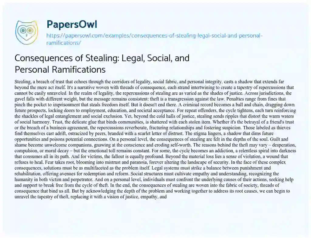 Essay on Consequences of Stealing: Legal, Social, and Personal Ramifications