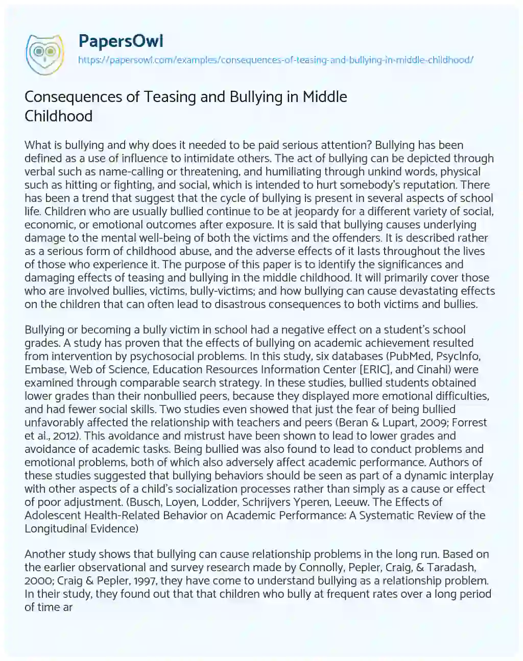 Essay on Consequences of Teasing and Bullying in Middle Childhood