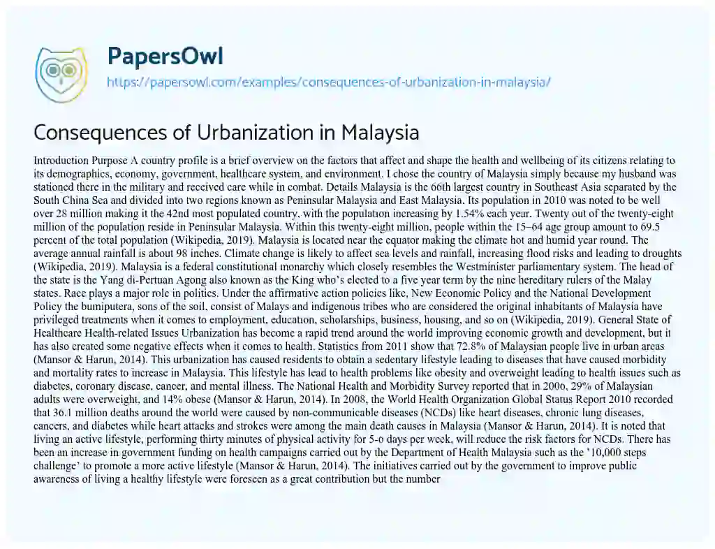 Essay on Consequences of Urbanization in Malaysia