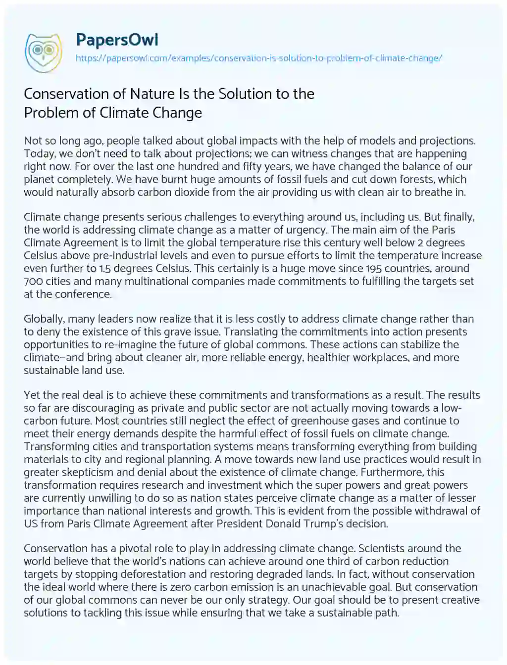 Essay on Conservation of Nature is the Solution to the Problem of Climate Change