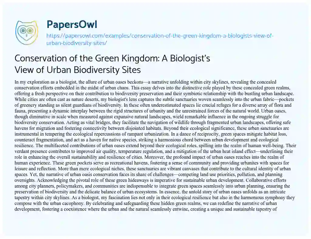 Essay on Conservation of the Green Kingdom: a Biologist’s View of Urban Biodiversity Sites