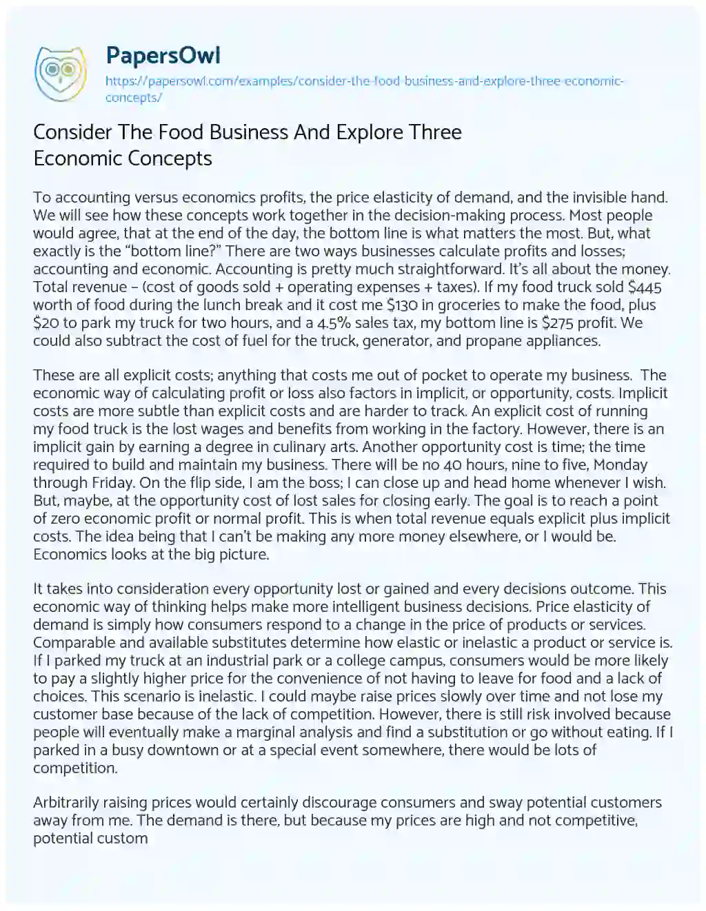 Essay on Consider the Food Business and Explore Three Economic Concepts