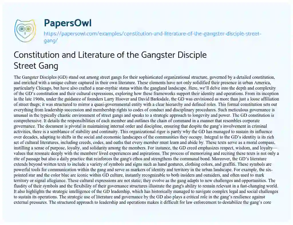 Essay on Constitution and Literature of the Gangster Disciple Street Gang