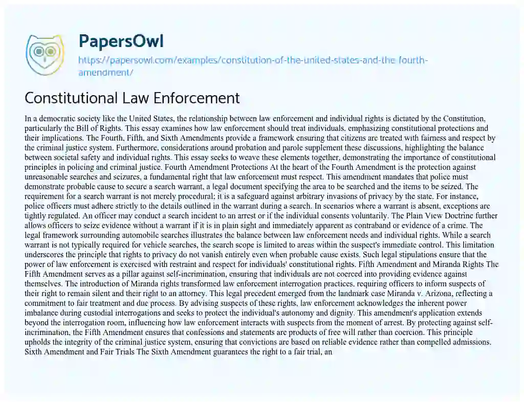 Essay on Constitution of the United States and the Fourth Amendment