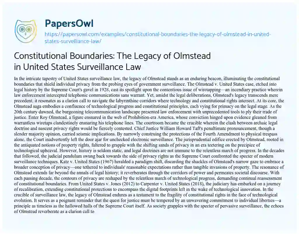 Essay on Constitutional Boundaries: the Legacy of Olmstead in United States Surveillance Law