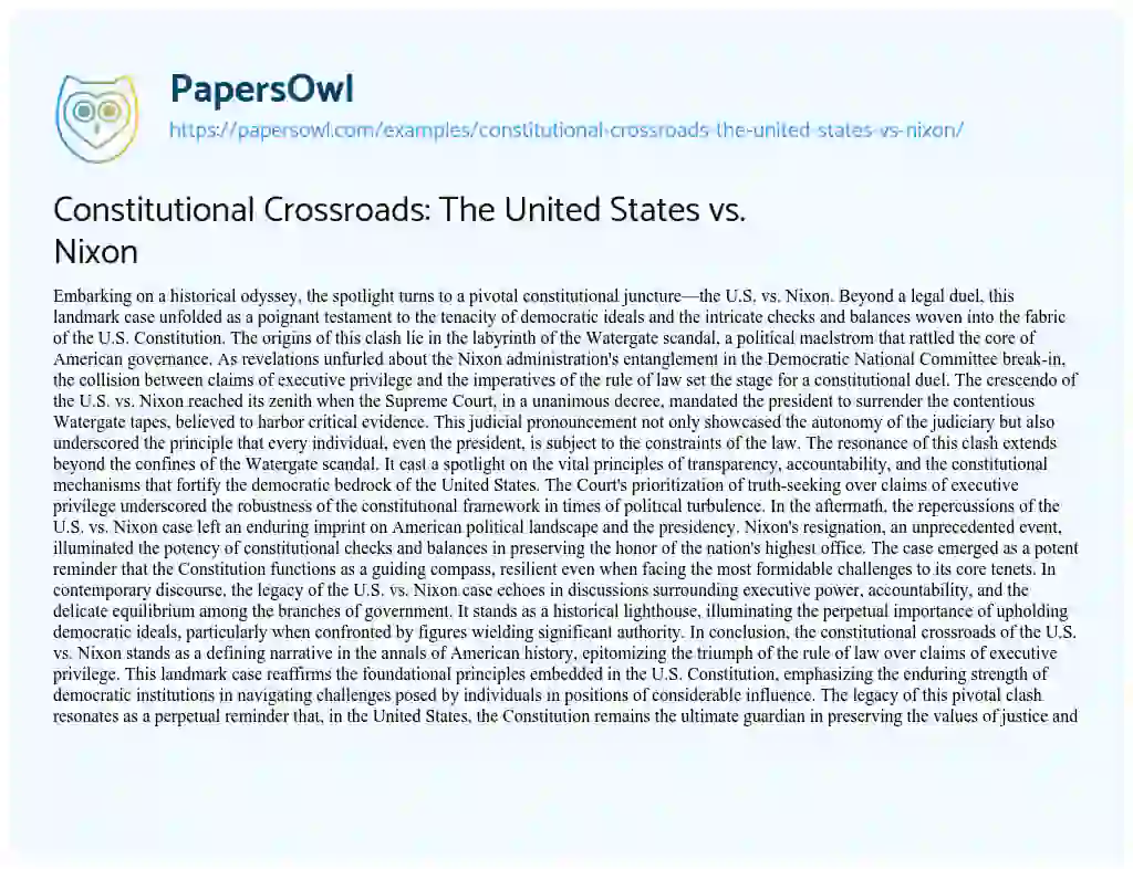 Essay on Constitutional Crossroads: the United States Vs. Nixon